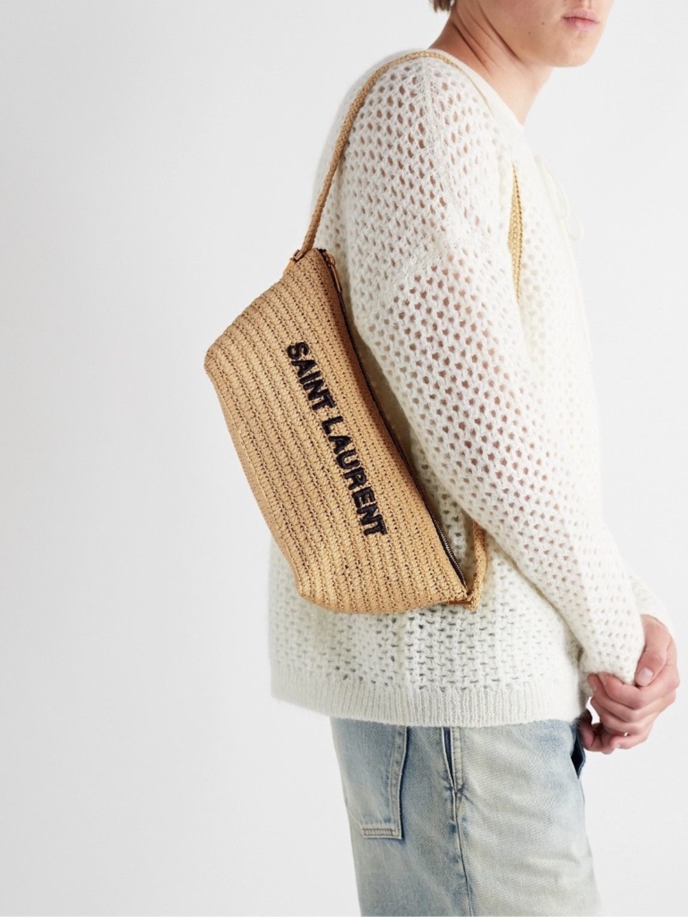 Saint Laurent YSL Le Rafia Beige Black Woven Embroidered Logo Zip Crossbody Bag - Picture 11 of 15